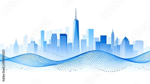 Abstract city skyline with blue wave pattern and digital dots