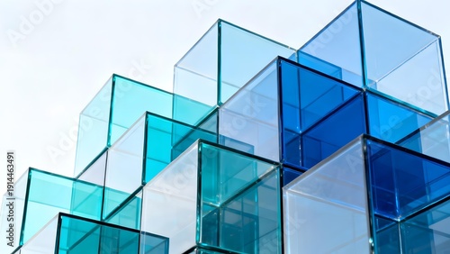 Stacked transparent blue glass cubes forming a geometric structure against a clear sky