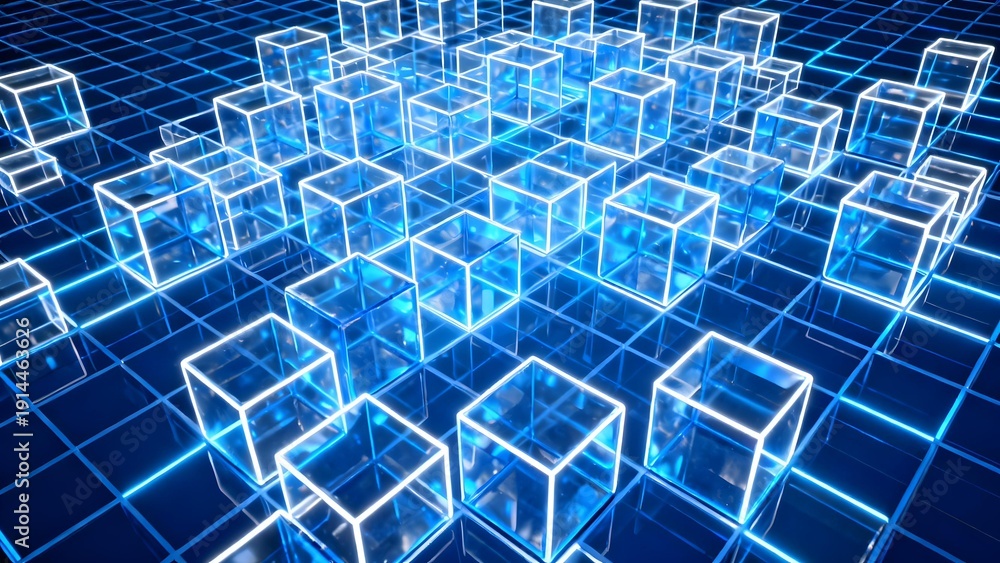 Obraz premium Digital grid of glowing blue transparent cubes on a futuristic technological background