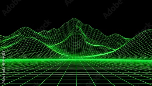 Green wireframe landscape with grid terrain and undulating hills against a black background
