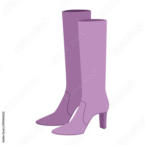 Purple block heel midi boot women color pair. Mid-calf shaft with chunky heel luxury event and refined look. Technical fashion illustration CAD mockup refined vector men unisex isolated modern style.