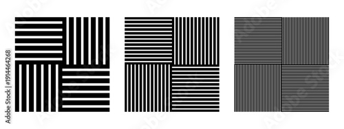 Collection of crossed straight line patterns. Set of black woven basket textures. Striped backgrounds. Abstract geometric prints. Simple textile structures. Vector graphic illustration.
