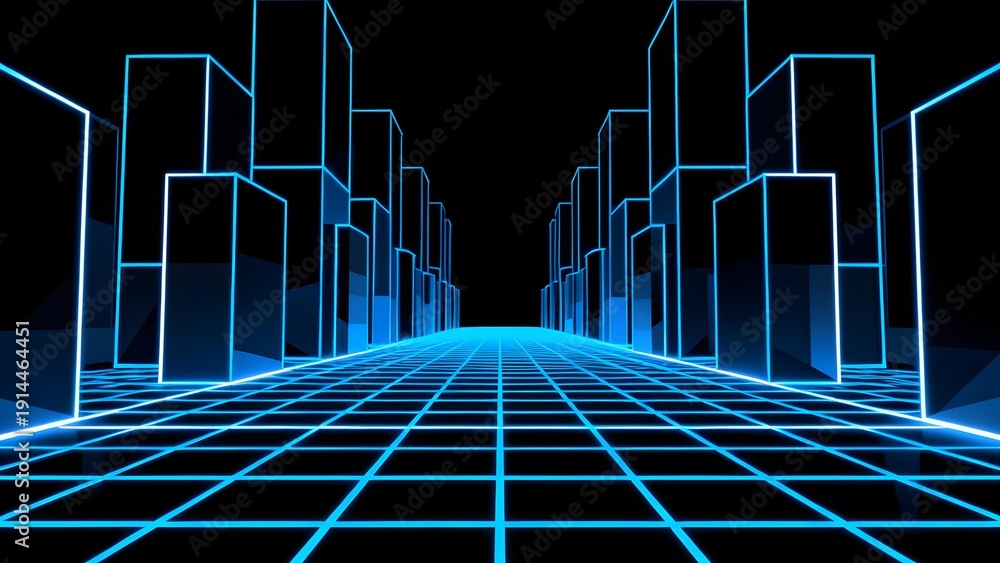 Naklejka premium Neon blue grid pathway leading through a futuristic cityscape of glowing geometric buildings