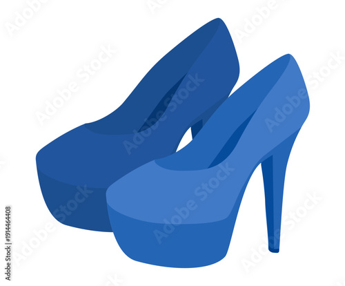 Platform pump women blue heel flat pair. Chunky sole dress footwear for party, celebration, fashion event wear. Technical illustration, CAD mockup, smooth vector men unisex isolated modern style.