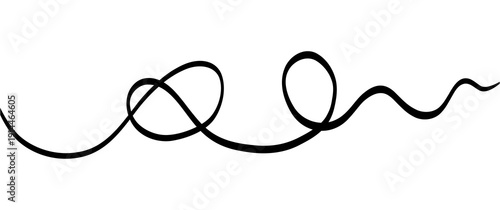 Abstract tangled cable squiggle forming loose ball of lines. Thin black thread loops and overlaps for dynamic chaos accent, logo background or tech themed decoration.