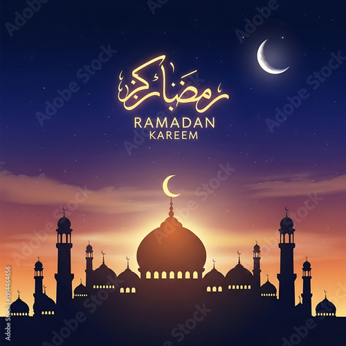 Ramadan Kareem Mosque Silhouette at Sunset with Crescent Moon