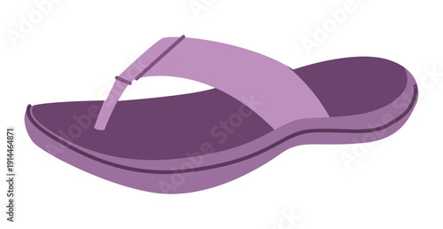 Purple flip flop sandal shoe women flat. Curved sole comfort thong for sea sand surf holiday. Technical fashion illustration CAD mockup smooth vector man unisex isolated trendy style.