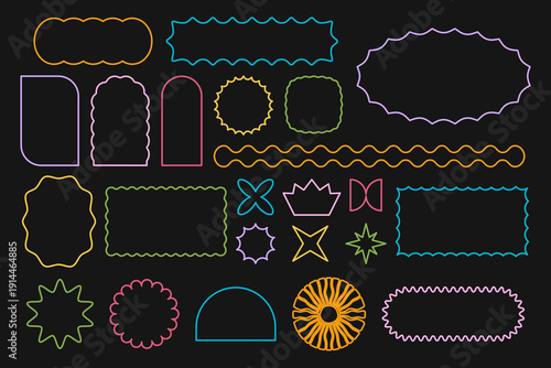 Set of colorful star and sun, arch and rectangle, oval and circle icons with scalloped edges on black background. Simple cute shapes with wavy borders. Empty neon web banners. Vector illustration.