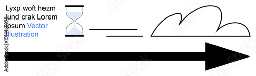 Time management, progress tracking, goal setting, future planning, decision making, personal growth. An hourglass, cloud and arrow illustrate time and direction. Time management and progress