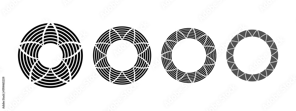 Fototapeta premium Set of round frames with triangular striped ornament in African or Mexican style isolated on white background. Circular design elements with flower streaky motif. Vector graphic illustration.
