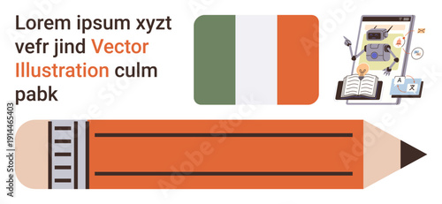Education, e-learning, online tools, digital resources, creativity, national identity. Illustration of an Irish flag, pencil and digital device displaying educational elements. Education