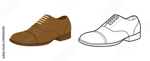 Oxford mens brown plus line shoe. Classic closed lace up leather footwear technical illustration. Vector flat CAD mockup sketch women unisex business style outline isolated on white background.