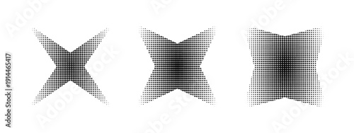 Set of bling shapes with pixel, noise or grain texture isolated on white background. Dotted twinkle or sparkle forms. Figures with halftone effect. Vector graphic illustration.