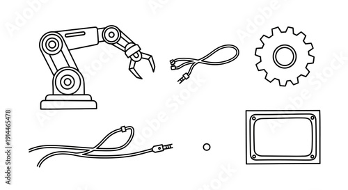 Industrial Robotic Arm and Electronic Components Line Art.