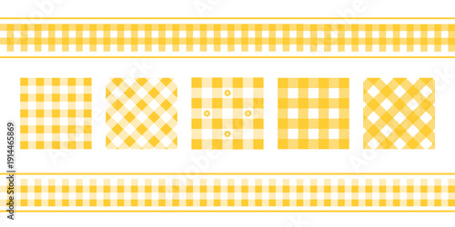 Set of yellow gingham pattern samples and borders. Autumn fabric print for tablecloth, picnic blanket, basket napkin, scarf or handkerchief. Cotton, linen or flannel design. Vector flat illustration.