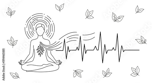Meditating figure with energy waves and heartbeat line representing inner peace.
