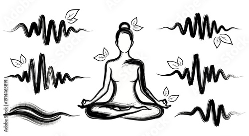 Meditating figure surrounded by energy waves and leaves representing peace and tranquility.