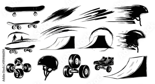 Monochrome grunge sketch collection of skateboarding and rollerblading equipment.