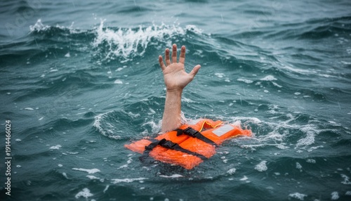 A person wearing a bright orange life vest struggles in rough, stormy dark water, raising a hand in distress.