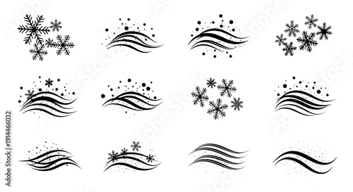 Monochrome wind gust and snowflake graphic elements set.