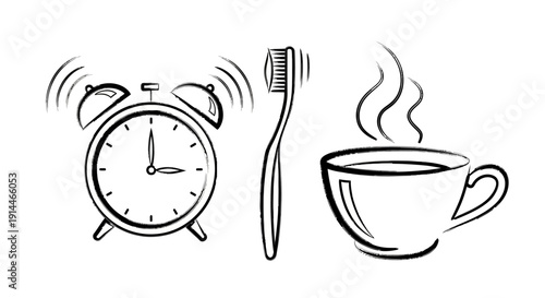Morning routine essentials sketch with alarm clock toothbrush and coffee cup.