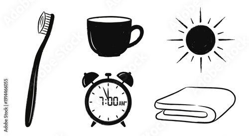 Morning Routine Essentials - Toothbrush, Coffee, Sun, Alarm, Towel.