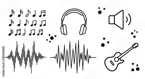 Musical elements and audio equipment, including notes, headphones, and guitar.