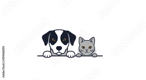 Cute Dog and Cat Peeking Over Edge Together.