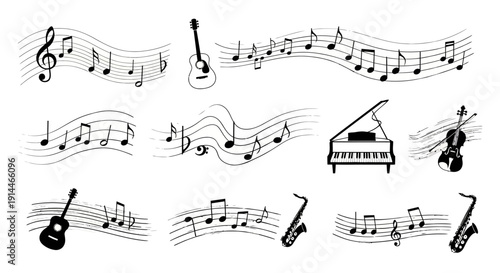 Musical instruments and musical notes on a white background.