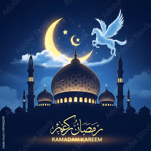 Ramadan Kareem Mosque Silhouette with Crescent Moon and Pegasus