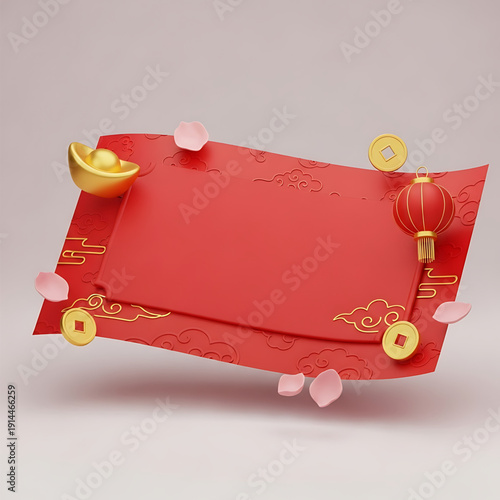 Red Chinese New Year Banner with Lanterns and Gold Coins