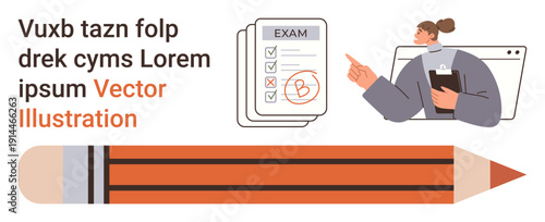 Education, academic results, online learning, teaching, exams, grading. Teacher pointing to exam paper with a grade B. Education and academic result highlighted