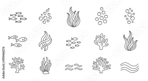 Oceanic life forms and underwater elements line art collection.