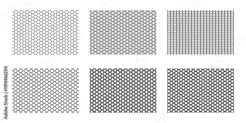 Set of wire or mesh patterns. Black steel or nylon mesh textures isolated on white background. Fence, fishnet, gate or lattice structures. Abstract geometric prints. Vector graphic Illustration.