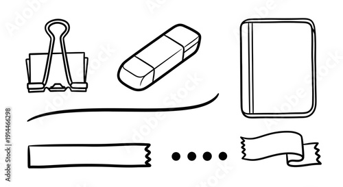 Office supplies collection featuring binder clip eraser notebook and ribbon elements.