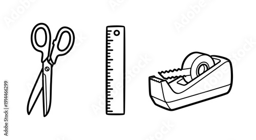 Office supplies collection featuring scissors ruler and tape dispenser.