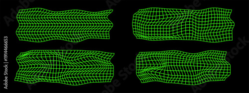 Set of distorted green neon grid textures. Mesh warp in techno, futuristic or cyberpunk style. Net surfaces with deformation effect. Bented lattice isolated on black background. Vector illustration