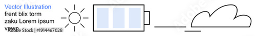 Renewable energy, sustainability, eco-friendly power, solar energy, energy storage, clean technology. Sun, battery and cloud ion. Highlighting renewable energy and sustainability concepts