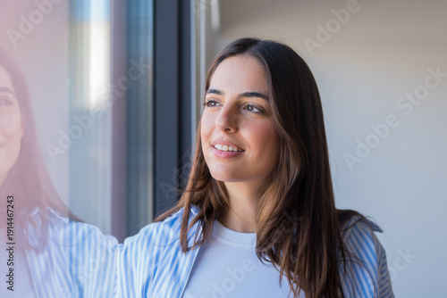 Fotografie Standing near a window, a young woman gazes at the winter scenery as soft sunlig