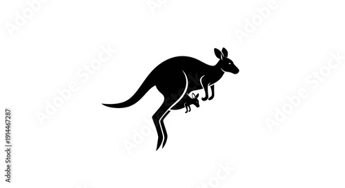 Silhouette of a Kangaroo and Joey in Motion, Minimalist Design