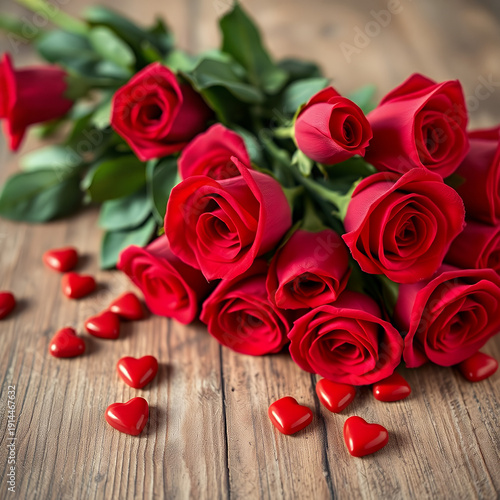 Bouquet of Red Roses with Scattered Heart-Shaped Decorations