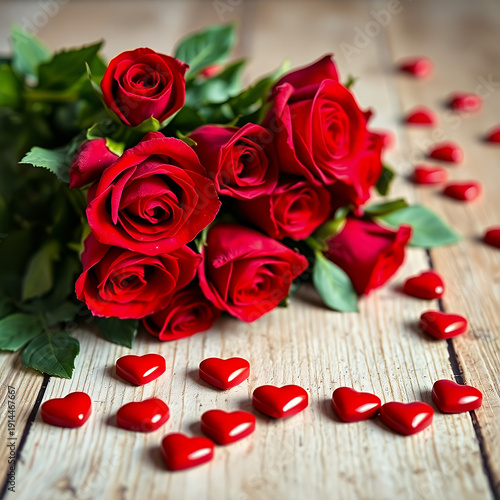 Bouquet of Red Roses with Scattered Heart-Shaped Decorations