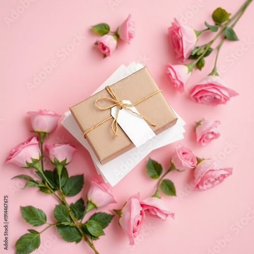 Gift Box With Pink Roses On Pink Background