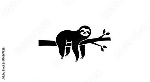 Cute Sloth Climbing Tree Branch in Black and White Illustration