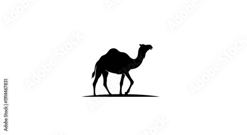 Silhouette of a camel walking across a plain with clear sky