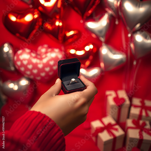 Hand Holding Ring Box With Red Heart Balloons Background