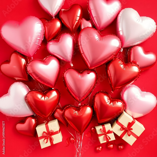 Red And Pink Heart Balloons With Gift Boxes