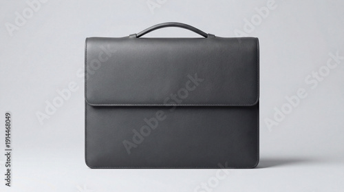 Black leather briefcase front view on grey background. Minimalist professional bag for business. Sleek executive accessory for work