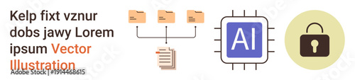Data protection, AI-driven solutions, document organization, file sharing, cybersecurity, technology systems. Folder hierarchy, AI chip and locked padlock symbol. Data protection and AI-driven
