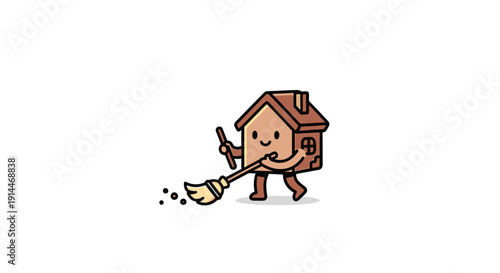 Cartoon house with broom and shovel.